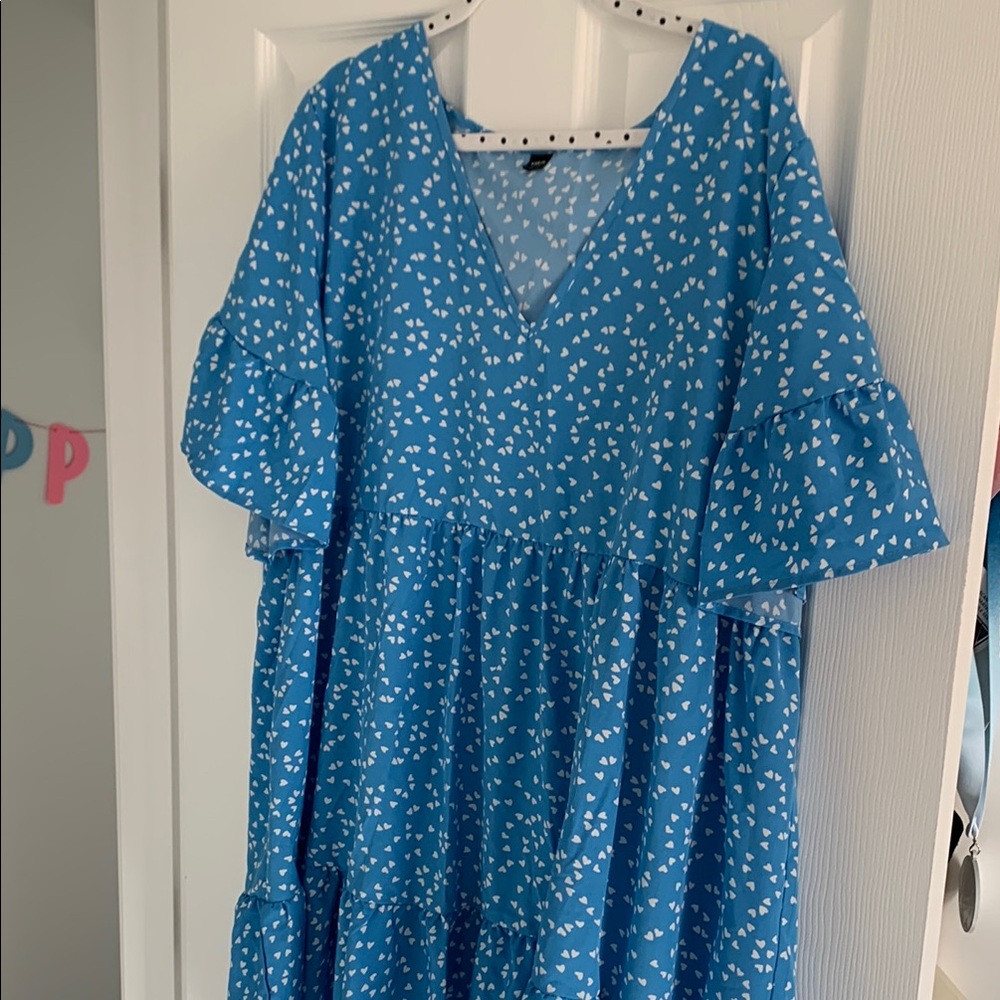 Blue Kids Dress with White Heart Pattern